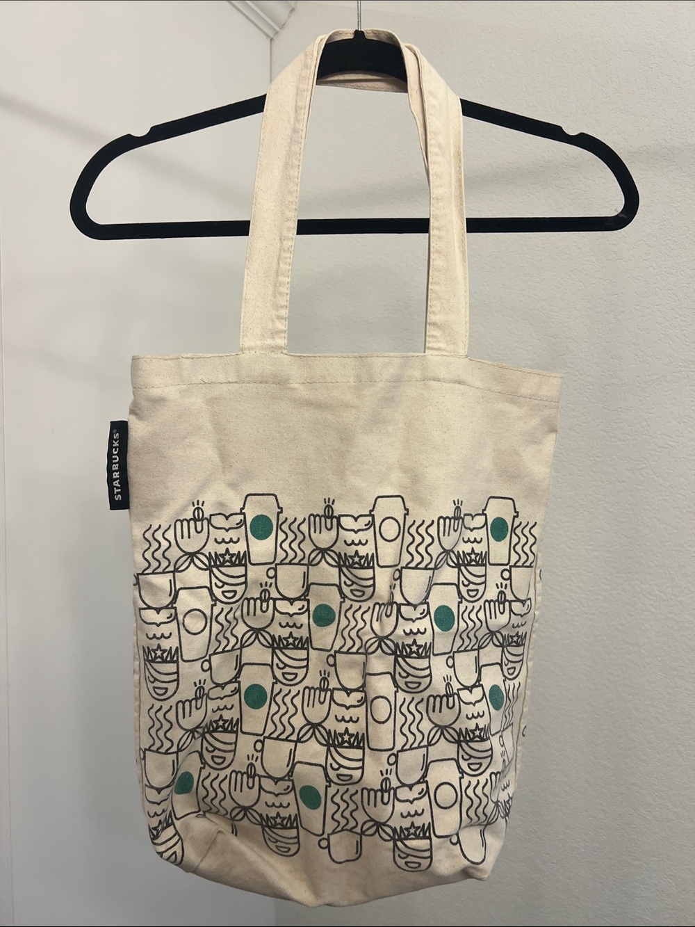 Starbucks Cream Canvas Tote with Green Dot and Line Art Pattern